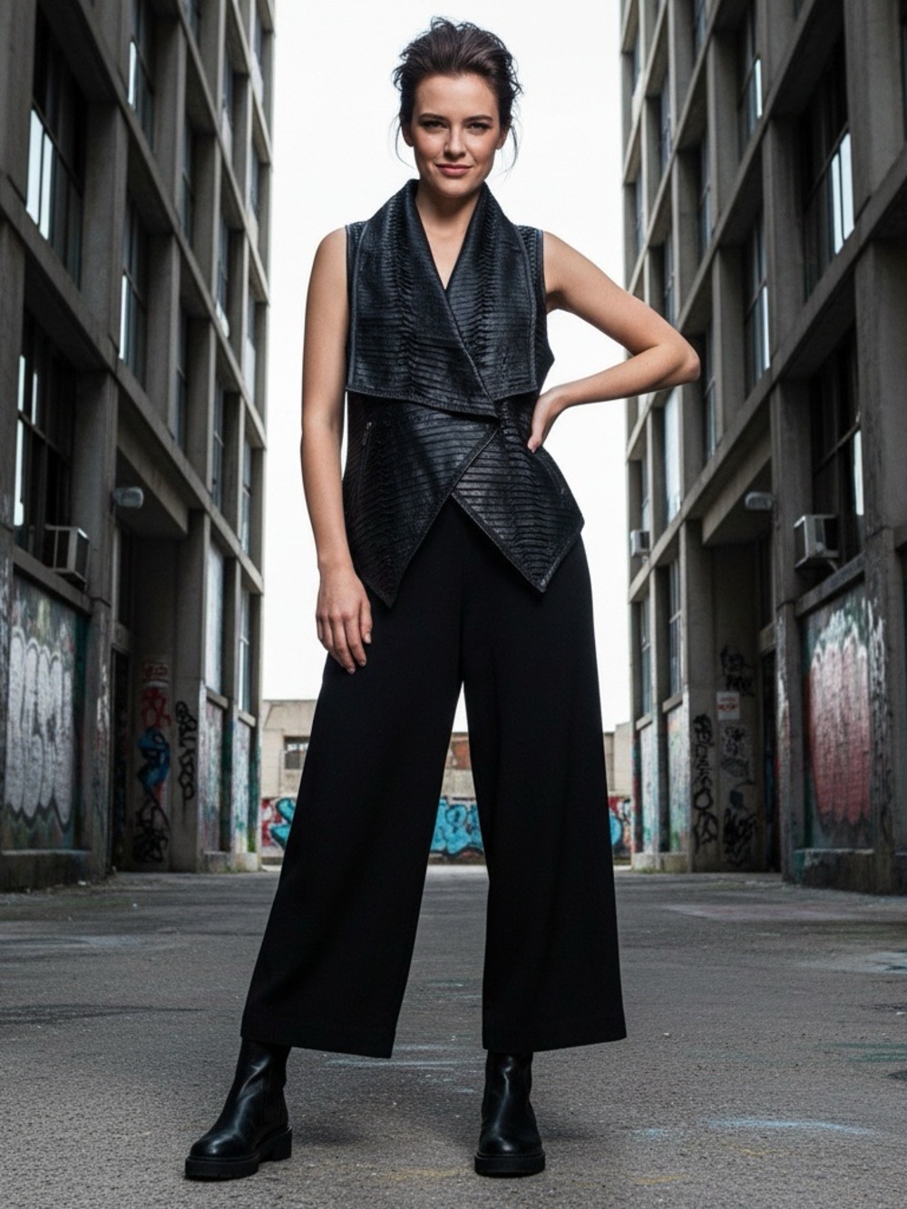 Line Lambskin Leather Draped Waterfall Vest Black XS Moto Edgy Avant Garde
